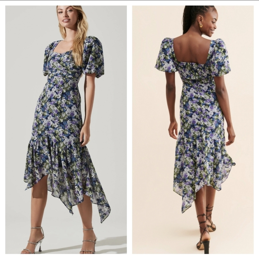 Astr Floral Puff-Sleeve Midi Dress in Blue, Purple, Green